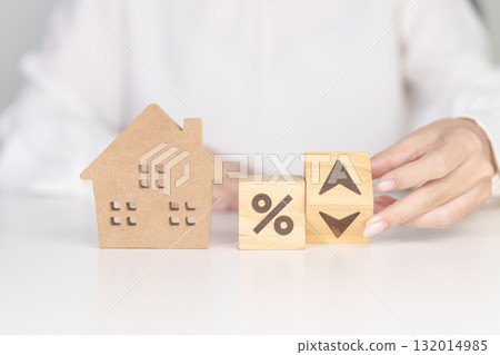 Percentage block change to UP and Down arrow with Home model. Real estate Mortgage, Refinance, House loan and debt, Interest rate, Insurance, Financial Property and economic recession Percentage block change to UP and Down arrow with Home model. Real estate Mortgage, Refinance, House loan and debt, Interest rate, Insurance, Financial Property and economic recession 132014985