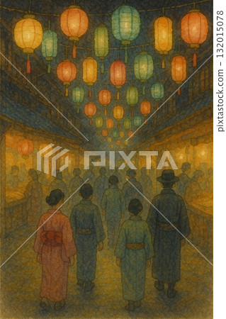 夜晚，穿著和服的人群提著燈籠在街上奔跑，在溫暖柔和的燈光下，畫著水彩畫 132015078