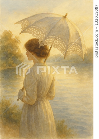 午後的寧靜與光明：一位女子撐著西式花傘沿河漫步 132015087