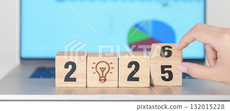 2025 end year to Happy New Year 2026 block with lightbulb icon against computer laptop background. Business Idea, Creative, Thinking, brainstorm, Goal, Resolution, strategy, plan, Action and change 2025 end year to Happy New Year 2026 block with lightbulb icon against computer laptop background. Business Idea, Creative, Thinking, brainstorm, Goal, Resolution, strategy, plan, Action and change 132015228