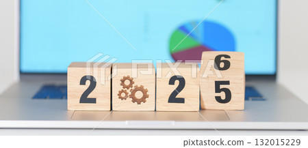 2025 end year to Happy New Year 2026 block with gear icon against laptop computer. Business Process, Team, teamwork, Goal, Target, Resolution, strategy, plan, Action, motivation, change and brainstorm 2025 end year to Happy New Year 2026 block with gear icon against laptop computer. Business Process, Team, teamwork, Goal, Target, Resolution, strategy, plan, Action, motivation, change and brainstorm 132015229