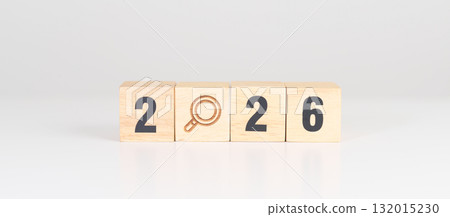 2026 year block with magnifying glass icon. SEO, Search Engine Optimization, hiring , Advertising, Idea, Strategy, marketing, Keyword, Content and New Year start concepts 132015230