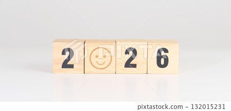 Happy New Year 2026 with Smile block. Satisfaction, feedback, Review, mental health, eco sustainable and good year concept 132015231
