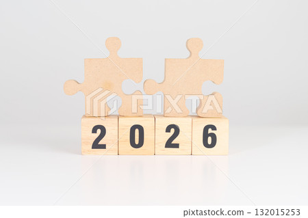 2026 year block with jigsaw puzzle icon. Business Process, Team, teamwork, Goal, mission, Resolution, strategy, plan, Action, partnership, and New Year start 132015253