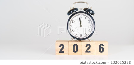 Happy New Year 2026 with vintage alarm clock. Christmas, New Start, Resolution, countdown, Goals, Plan, Action and Motivation Concept Happy New Year 2026 with vintage alarm clock. Christmas, New Start, Resolution, countdown, Goals, Plan, Action and Motivation Concept 132015258