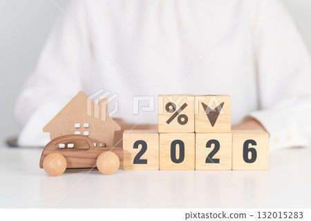 2026 New Year with percentage change to UP and Down arrow with car and Home model. Car loan, Interest rate, real estate, house, Insurance, Financial, Repair, Tax, mortgage and Maintenance 132015283