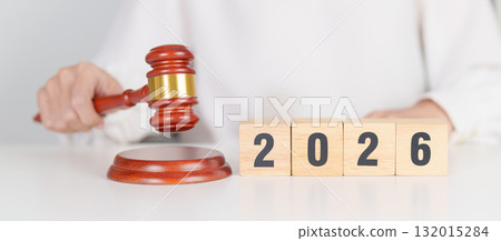 Happy New Year 2026 with judge gavel on table. Law, lawyer, judgment, justice auction and bidding concept 132015284