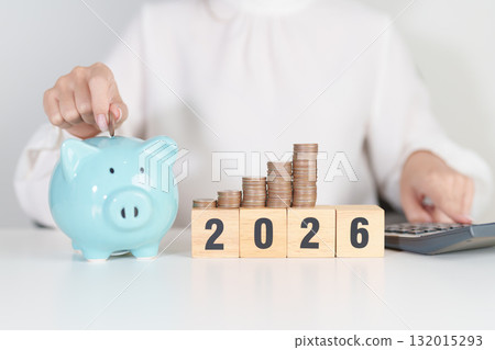 Happy New Year 2026 with piggy bank. Resolution, Goals, Plan, Action, Money Saving, Retirement fund, Pension, Investment and Financial concepts Happy New Year 2026 with piggy bank. Resolution, Goals, Plan, Action, Money Saving, Retirement fund, Pension, Investment and Financial concepts 132015293