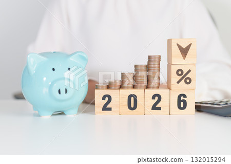 2026 New year with percentage change to UP and Down arrow with coin stack. Interest rate, GDP, stocks market, financial, deflation and Inflation, mortgage, debt, Loan and Economic Recession 132015294