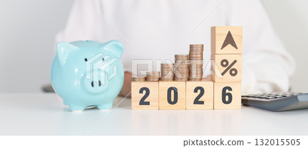 2026 New year with percentage change to UP and Down arrow with coin stack. Interest rate, GDP, stocks market, financial, deflation and Inflation, mortgage, debt, Loan and Economic Recession 132015505