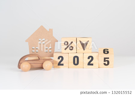 2026 New Year with percentage change to UP and Down arrow with car and Home model. Car loan, Interest rate, real estate, house, Insurance, Financial, Repair, Tax, mortgage and Maintenance 132015552