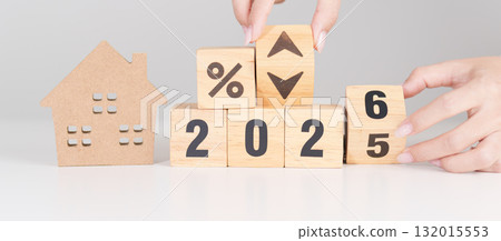 2026 New Year with percentage change to UP and Down arrow with Home model. Real estate Mortgage, Refinance, House loan and debt, Interest rate, Insurance, Financial and Property Tax 132015553