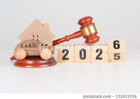 Happy New Year 2026 with house and Car model and gavel justice hammer on desk in courthouse. Real Estate and Car Law, Home Insurance, property Tax, Auction and Bidding concepts Happy New Year 2026 with house and Car model and gavel justice hammer on desk in courthouse. Real Estate and Car Law, Home Insurance, property Tax, Auction and Bidding concepts 132015556