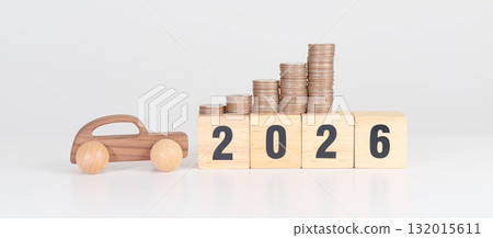 2025 end year to Happy New Year 2026 with car model and Coins Money stack for deposit and Automobile Tax. Money Saving, Car Insurance, Financial, vehicle Repair and Maintenance and New Year concept 132015611