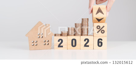 2026 New Year with percentage change to UP and Down arrow, Home model and coin stack. Real estate Mortgage, Refinance, House loan and debt, Interest rate, Insurance, Financial and Property Tax 2026 New Year with percentage change to UP and Down arrow, Home model and coin stack. Real estate Mortgage, Refinance, House loan and debt, Interest rate, Insurance, Financial and Property Tax 132015612