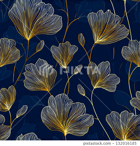 Elegant Gold Line-Art Floral Seamless Pattern on Navy Background 132016185