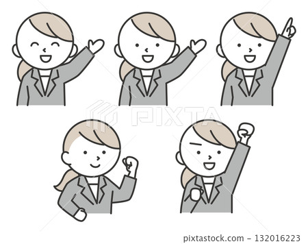 穿著西裝打招呼或揮拳的女人的插圖集 - 簡單可愛的人物素材 132016223