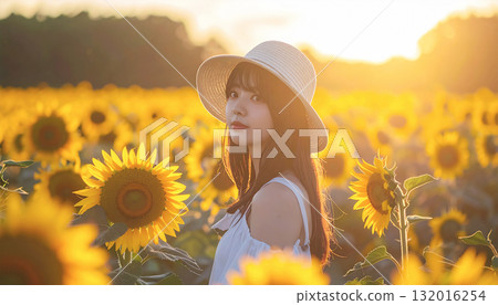 一位女子站在夕陽下的向日葵田裡 一位女子站在夕陽下的向日葵田裡 132016254