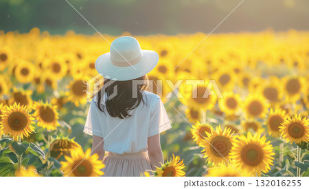 一名女子穿過向日葵田的背影 一名女子穿過向日葵田的背影 132016255
