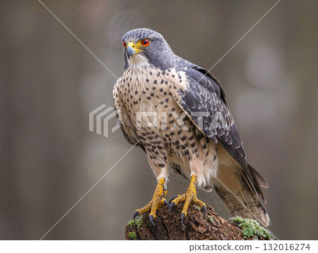 A majestic falcon with intense red eyes perched proudly on a mossy stump. A powerful bird of prey portrait with a beautiful, soft-focus natural background. 132016274