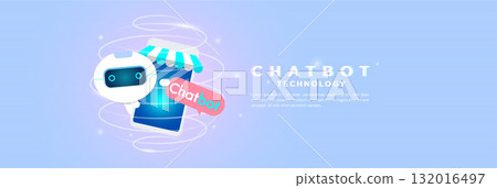 AI chatbot with store icon and smartphone. Digital assistant technology for ecommerce and online shopping support banner. AI chatbot with store icon and smartphone. Digital assistant technology for ecommerce and online shopping support banner. 132016497