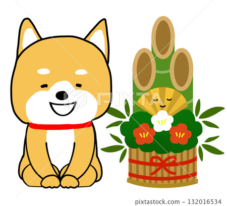 柴犬和門松正座鞠躬迎接新年 132016534