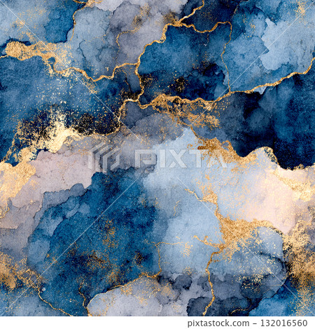Elegant Abstract Watercolor Seamless Pattern with Gold Foil and Moody Indigo Tones 132016560