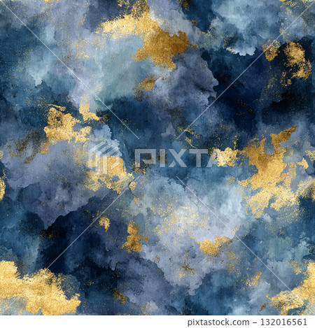 Elegant Abstract Watercolor Seamless Pattern with Gold Foil and Moody Indigo Tones 132016561
