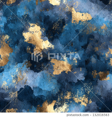 Elegant Abstract Watercolor Seamless Pattern with Gold Foil and Moody Indigo Tones 132016563