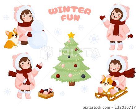 Cute Little Girl and Corgi Winter Fun Set Cute Little Girl and Corgi Winter Fun Set 132016717