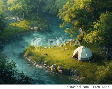 沿河自然風光豐富的露營場景插圖 沿河自然風光豐富的露營場景插圖 132016843