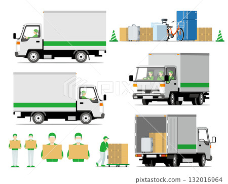 Moving, vehicles, trucks, trolleys, staff, sets 132016964