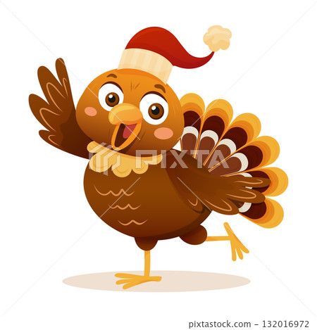Turkey in hat waving cheerfully. Holiday fusion of Thanksgiving and Christmas 132016972