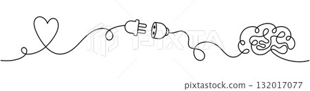 Continuous line drawing of a heart, electric plug, and brain connected by one cable. Minimal vector concept of love and mind connection, emotional intelligence, communication between heart and brain 132017077
