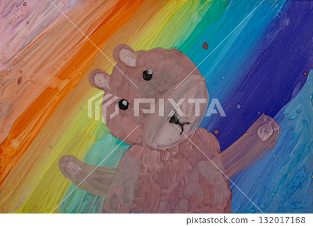 Colorful bear painting with vibrant rainbow background in playful style Colorful bear painting with vibrant rainbow background in playful style 132017168