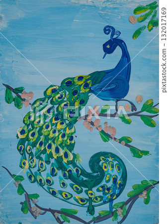 Colorful peacock perched on a branch with blossoms in a vibrant painting Colorful peacock perched on a branch with blossoms in a vibrant painting 132017169