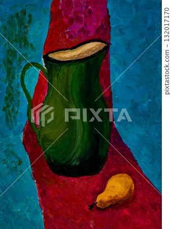 Vibrant still life featuring a green pitcher and a yellow pear Vibrant still life featuring a green pitcher and a yellow pear 132017170