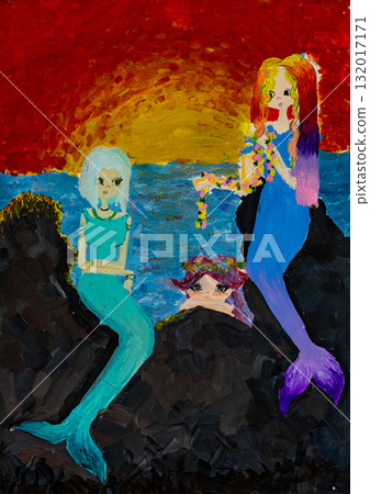 Colorful mermaid artwork by children depicting ocean scene at sunset Colorful mermaid artwork by children depicting ocean scene at sunset 132017171