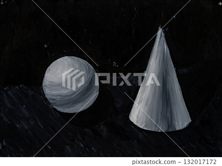 Simple geometric shapes painted in monochrome tones on a dark background Simple geometric shapes painted in monochrome tones on a dark background 132017172