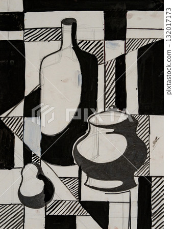 Exploration of shapes in monochrome paint art depicting bottles and pottery 132017173