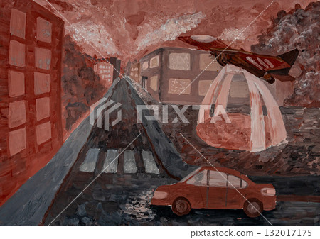 Creative urban landscape featuring a car and a flying plane at dusk 132017175
