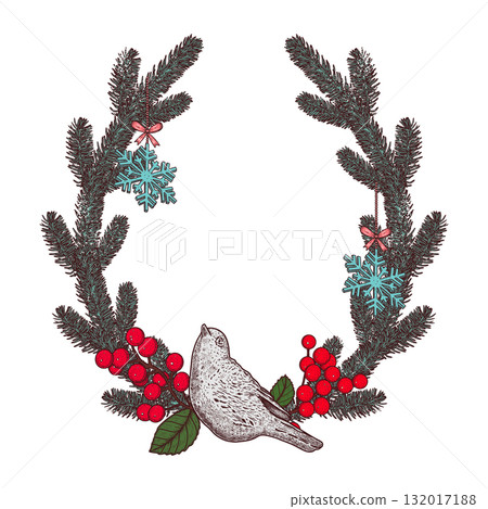 Hand drawn Christmas wreath with fir branches, a red berries, Christmas decorations, bird. Vector illustration. 132017188