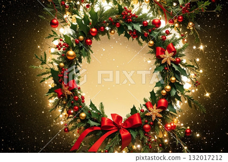 An elegant Christmas wreath with sparkling stars and ribbons 132017212