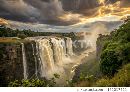 beautiful waterfall in the mountains at sunset 132017511