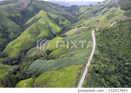 Landscape of Morning Mist with Mountain Layer. mountain ridge and clouds in rural jungle bush forest 132017645