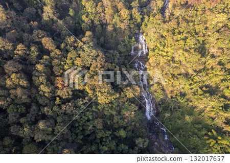 Scenic topdown shot of a deciduous forest changing leaves at the height of autumn. Picturesque flying view of the vibrant Scenic topdown shot of a deciduous forest changing leaves at the height of autumn. Picturesque flying view of the vibrant 132017657