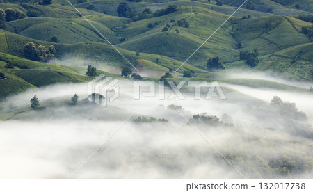 Landscape of Morning Mist with Mountain Layer. mountain ridge and clouds in rural jungle bush forest Landscape of Morning Mist with Mountain Layer. mountain ridge and clouds in rural jungle bush forest 132017738