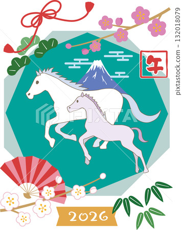 Illustration of a horse and its cub running, suitable for New Year's cards 132018079