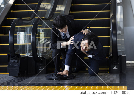 Businessman falling down on an escalator Businessman falling down on an escalator 132018093