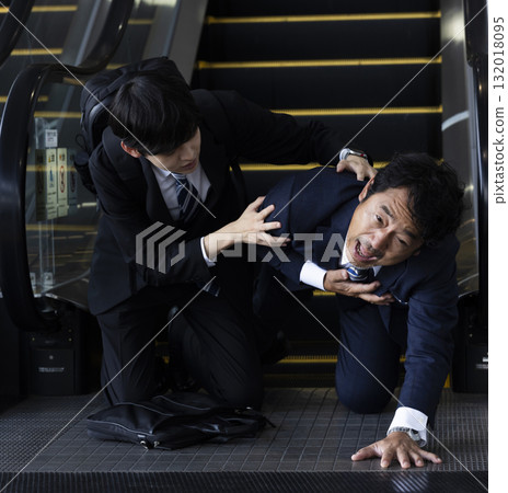 Businessman falling down on an escalator Businessman falling down on an escalator 132018095